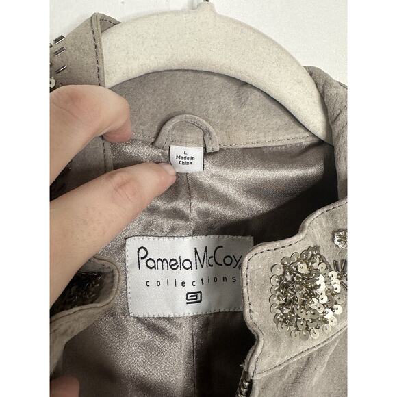 Pamela McCoy 100% Suede Leather Gray Beaded Sequin Zip Jacket Size Large - Picture 5 of 13